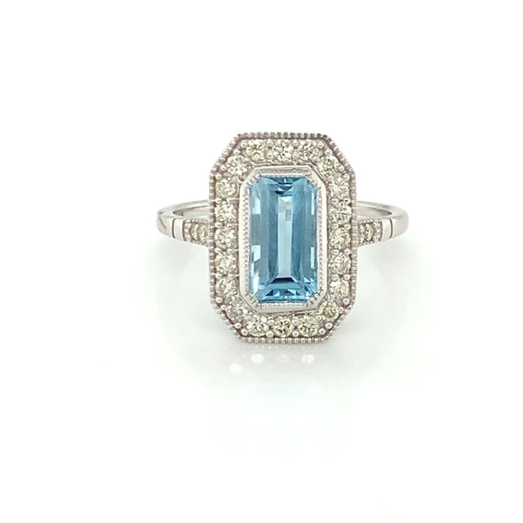 9ct White Gold Vintage Style Blue Topaz & Diamond Ring