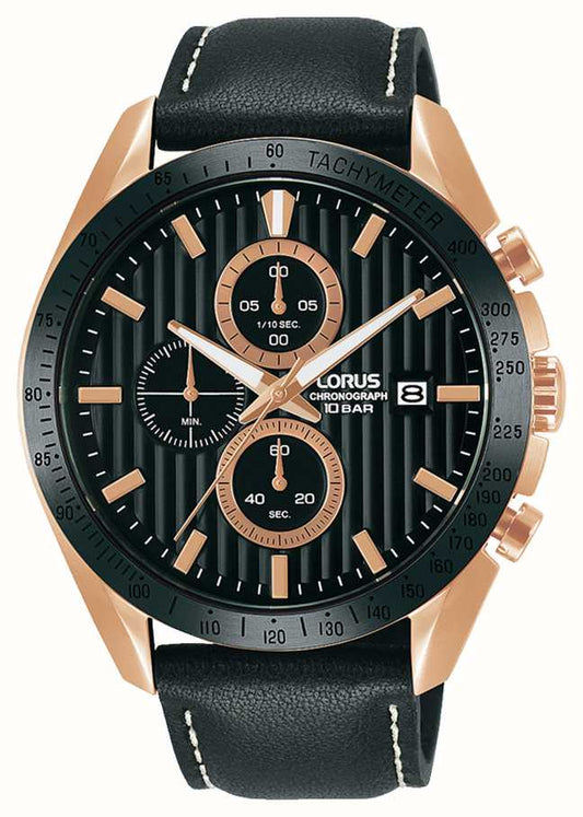 Lorus Sports Chronograph Quartz Black Leather Strap