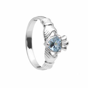 Sterling Silver Birthstone Claddagh Ring March