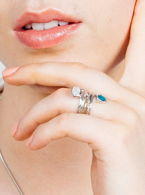 Gallardo & Blaine Sterling Silver Snake Ring with Moonstone & Kyanite