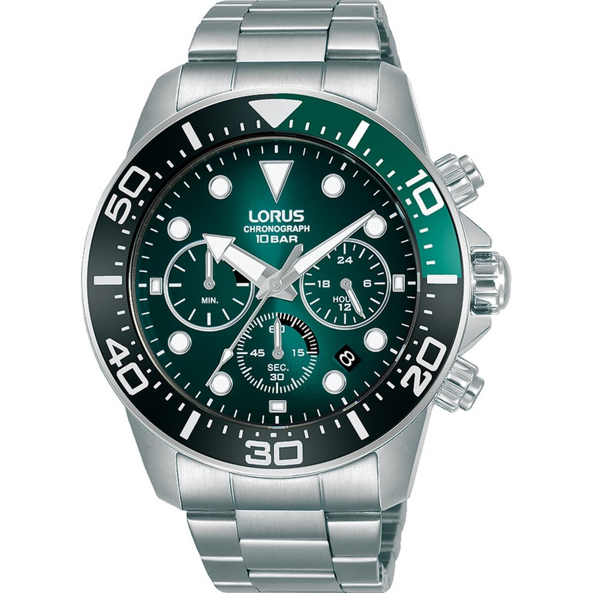 LORUS QUARTZ CHRONOGRAPH GENTS STAINLESS STEEL GREEN DIAL BRACELET WATCH