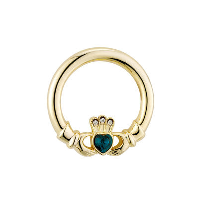 GOLD PLATED GREEN CRYSTAL HEART CLADDAGH BROOCH S1547