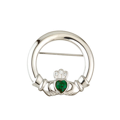 RHODIUM PLATED GREEN CRYSTAL HEART CLADDAGH BROOCH