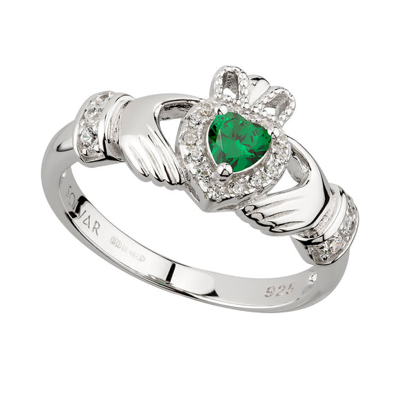 GREEN CUBIC ZIRCONIA SILVER CLADDAGH RING S21079
