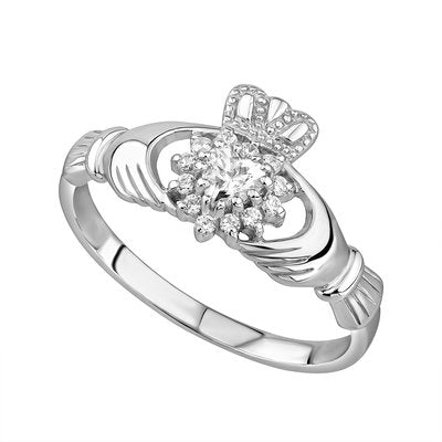 Sterling Silver CZ Cluster Claddagh Ring