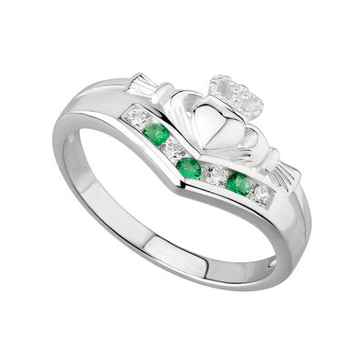 Sterling Silver Emerald & CZ Claddagh Wishbone Ring S2751