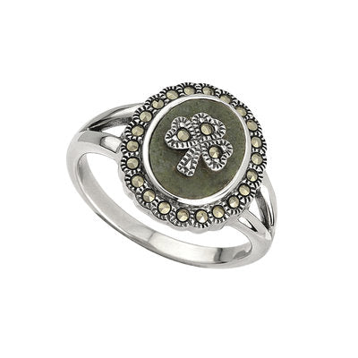 Sterling Silver Marcasite Shamrock Connemara Marble Ring