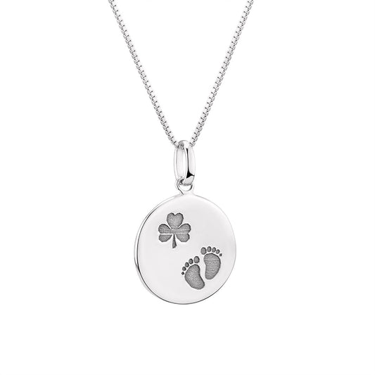 SILVER SHAMROCK BABY FEET DISC PENDANT