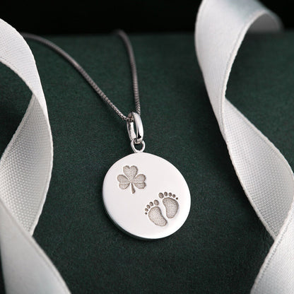 SILVER SHAMROCK BABY FEET DISC PENDANT