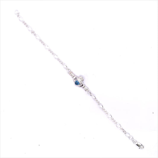 Sterling Silver Claddagh Aqua CZ Figaro Bracelet SB8906/AQ