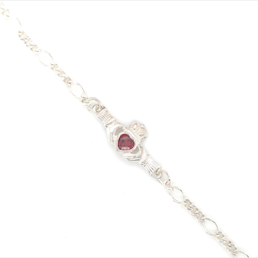 Sterling Silver Claddagh Garnet CZ Figaro Bracelet