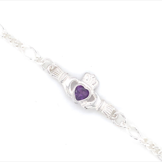 Sterling Silver Claddagh Amethyst CZ Figaro Bracelet