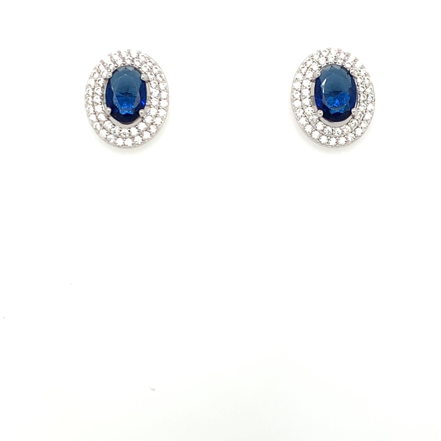 Sterling Silver Sapphire CZ Oval Pavé Cluster Stud Earrings