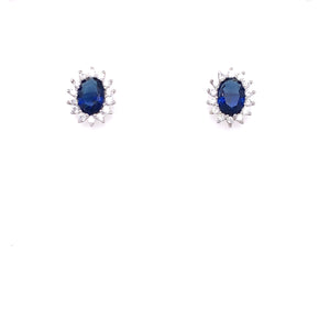 Sterling Silver Sapphire CZ Oval Cluster Stud Earrings