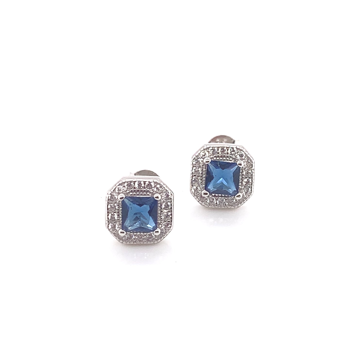 Sterling Silver Sapphire CZ Deco Stud Earrings