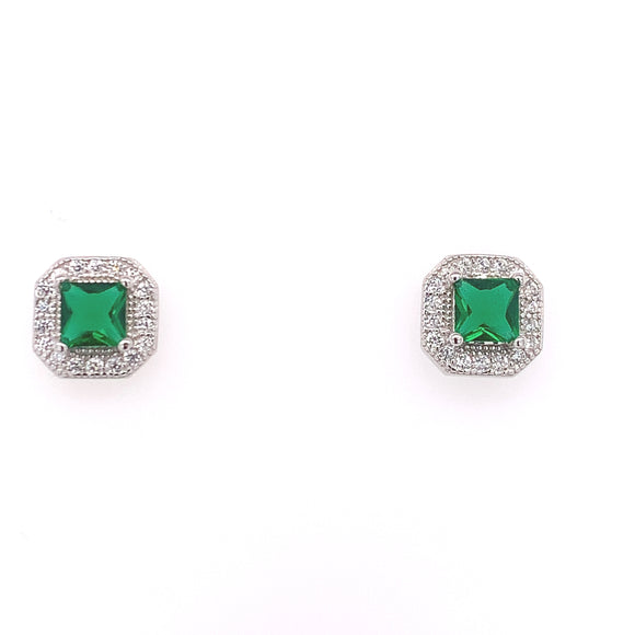 Sterling Silver Emerald CZ Deco Stud Earrings
