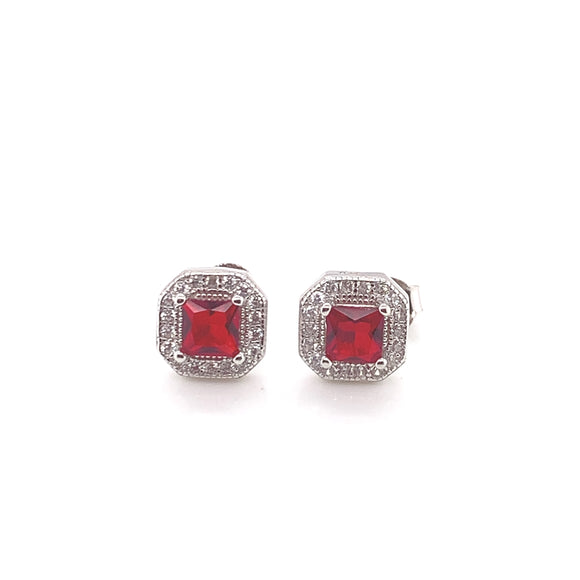 Sterling Silver Red CZ Deco Stud Earrings