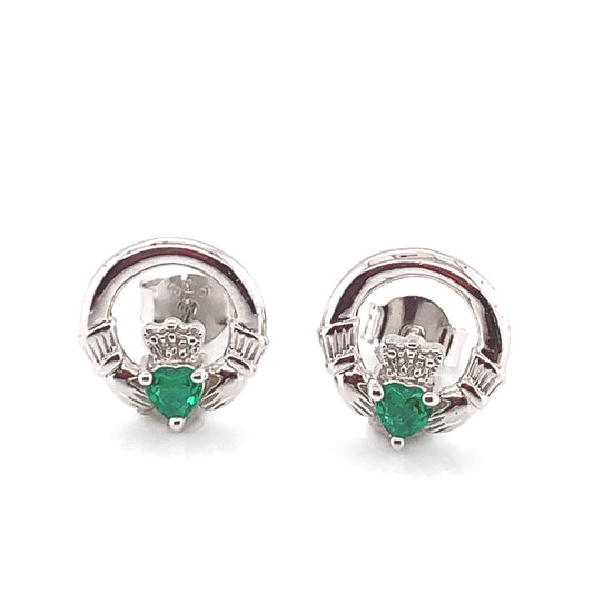 Silver Claddagh Green CZ Stud Earrings