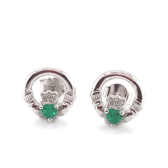 Silver Claddagh Green CZ Stud Earrings