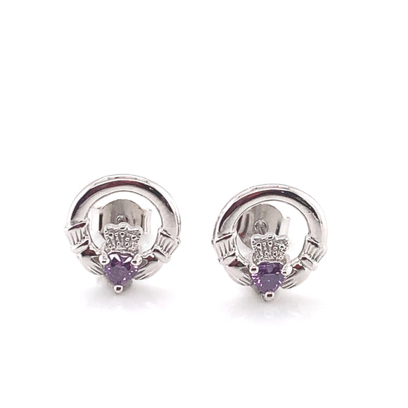 Silver Claddagh Purple CZ Stud Earrings