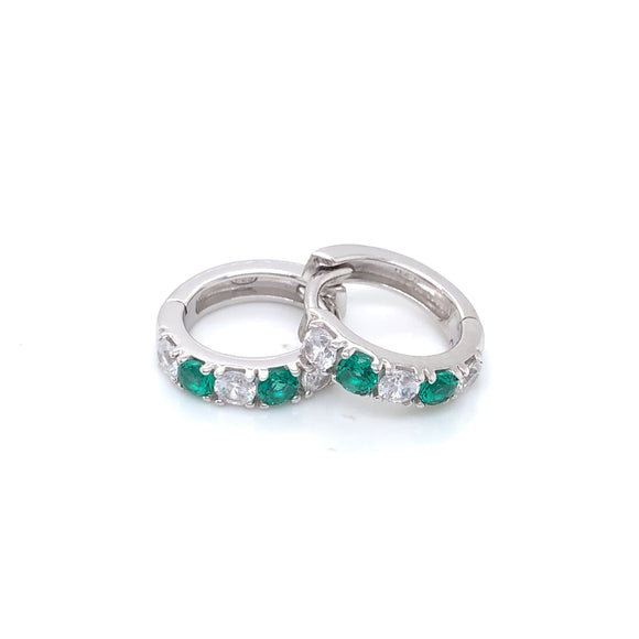 Sterling Silver 15mm Emerald CZ Huggie Hoop Earrings