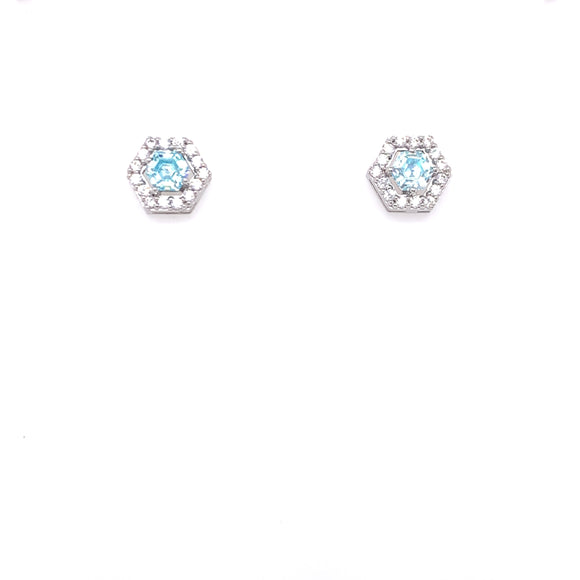 Sterling Silver Aqua CZ hexagonal Stud Earrings