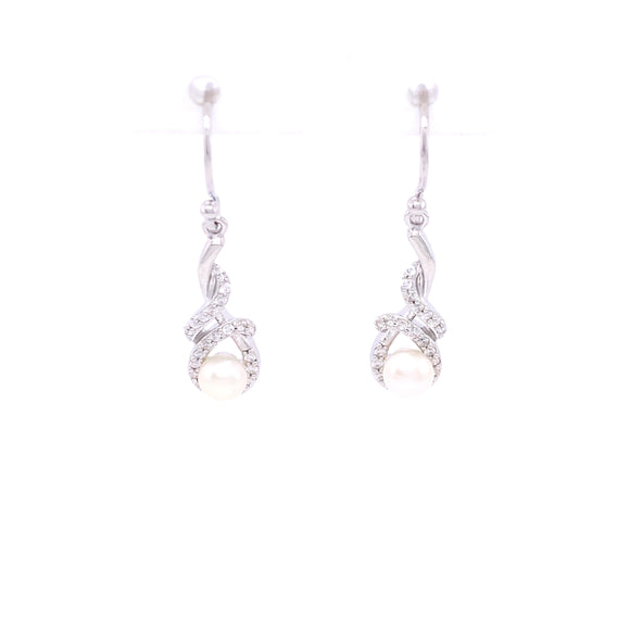 Sterling Silver CZ  Freshwater Pearl Twist Drop Hook Earrings