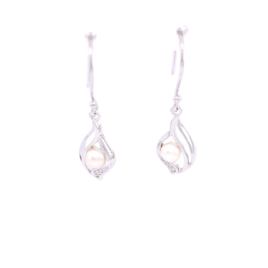 Sterling Silver CZ  Freshwater Pearl Drop Hook Earrings SE449