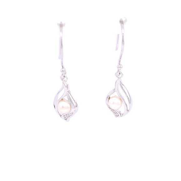 Sterling Silver CZ  Freshwater Pearl Drop Hook Earrings