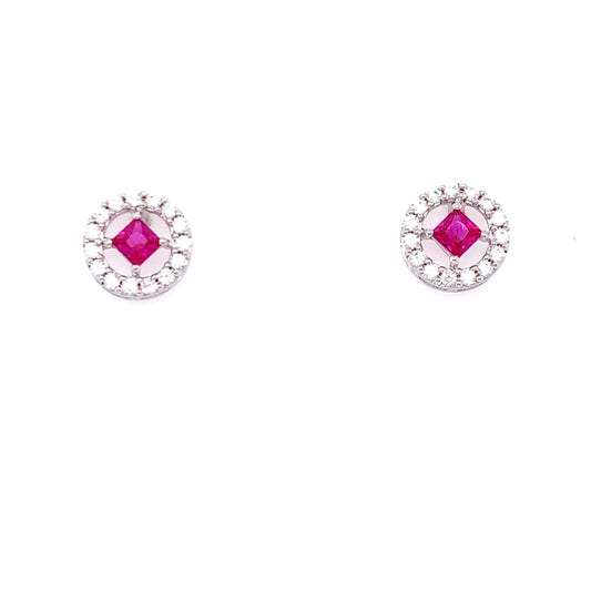 Sterling Silver Ruby CZ Halo Stud Earrings