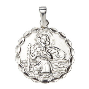 Sterling Silver Wavy 23mm St. Christopher Medal, Travel Symbols SH53232