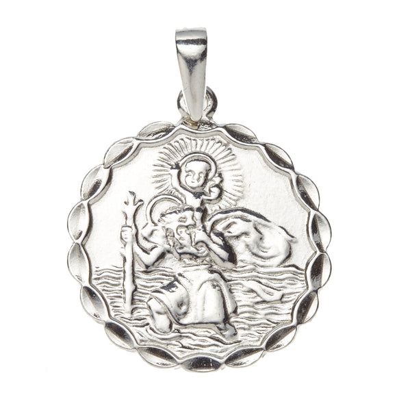 Sterling Silver Wavy 23mm St. Christopher Medal, Travel Symbols