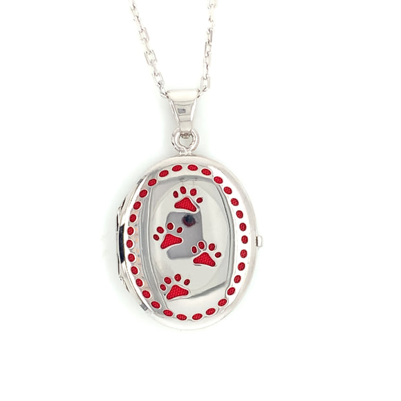 Sterling Silver Oval Red Pawprints Locket SL93