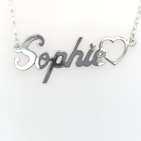 Sterling Silver Medium Script Name Pendant with Heart