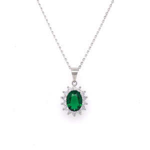 Sterling Silver Emerald CZ Oval Cluster Pendant