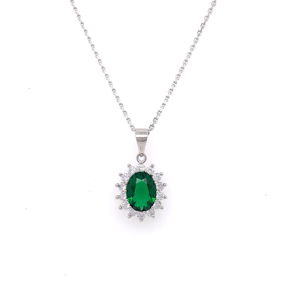 Sterling Silver Emerald CZ Oval Cluster Pendant