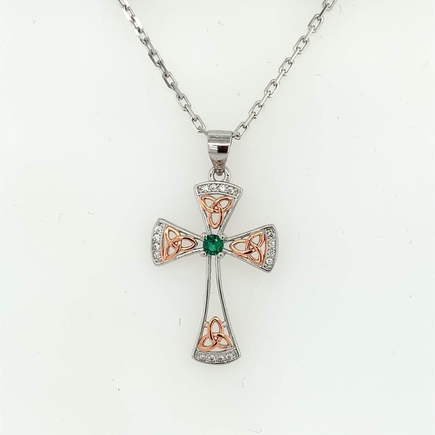 Sterling Silver Medium Celtic Cross/Rose & Green SP516