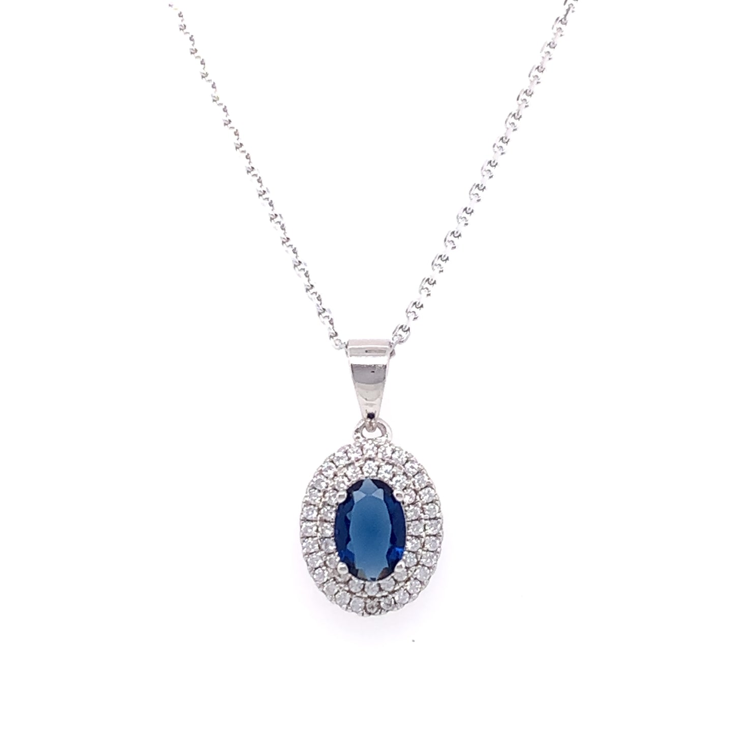 Sterling Silver Sapphire CZ Double Halo Pendant