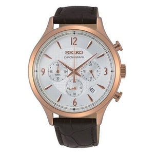 SEIKO QUARTZ CHRONOGRAPH GENTS ROSE GOLD WHITE DIAL STRAP WATCH