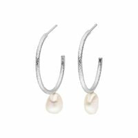 Silver Freshwater Pearl Textured Hoop Earrings ST2028