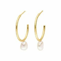 Silver Gold Plated Freshwater Pearl Textured Hoop Earrings