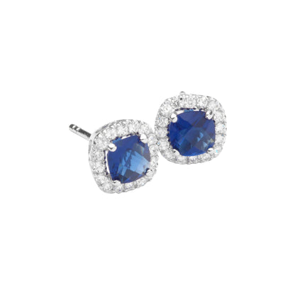 Silver Classic Sapphire CZ Cushion Halo Earrings