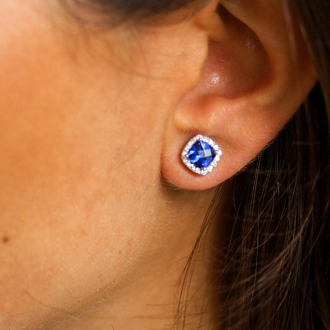 Silver Classic Sapphire CZ Cushion Halo Earrings