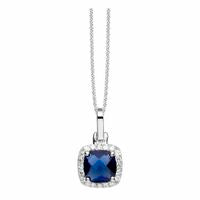 Silver Classic Sapphire CZ Cushion Halo Pendant