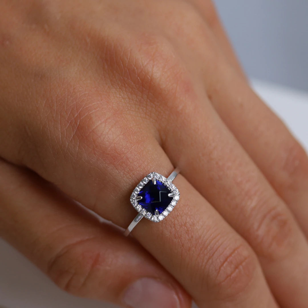 Sterling Silver Sapphire CZ Classic Cushion Halo Ring