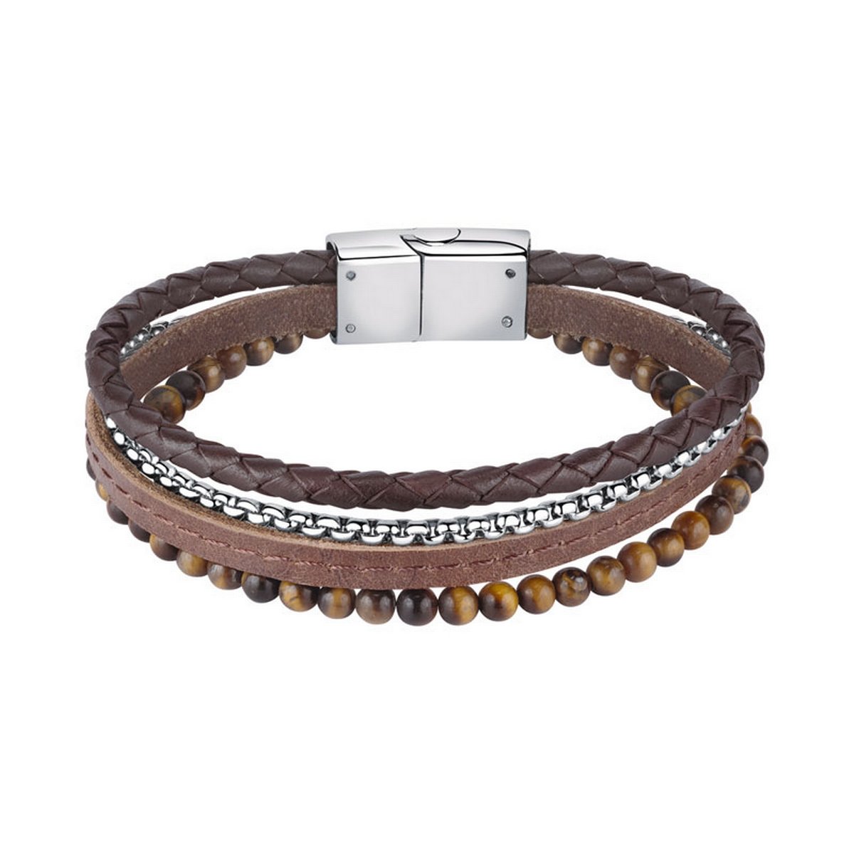 SECTOR BANDY BRACELET BN LEATHE TIGER EYE STONES 22.5CM