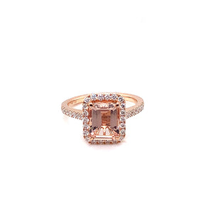 18ct Rose Gold Morganite & Diamond Rectangular Halo Ring