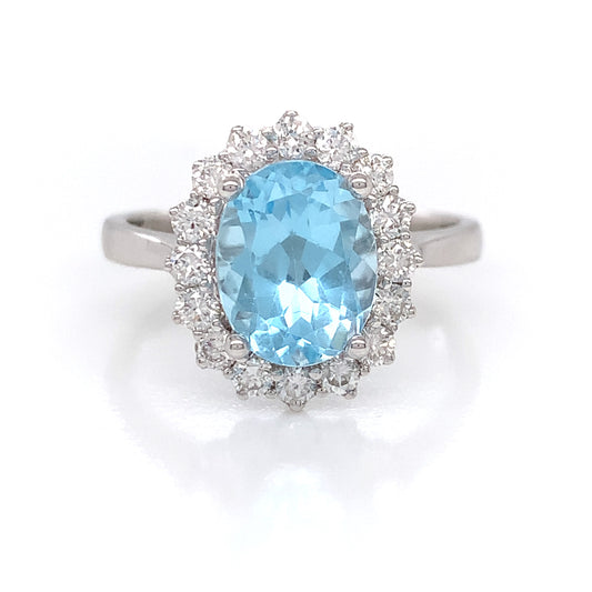 9ct White Gold Blue Topaz & Diamond Cluster Ring