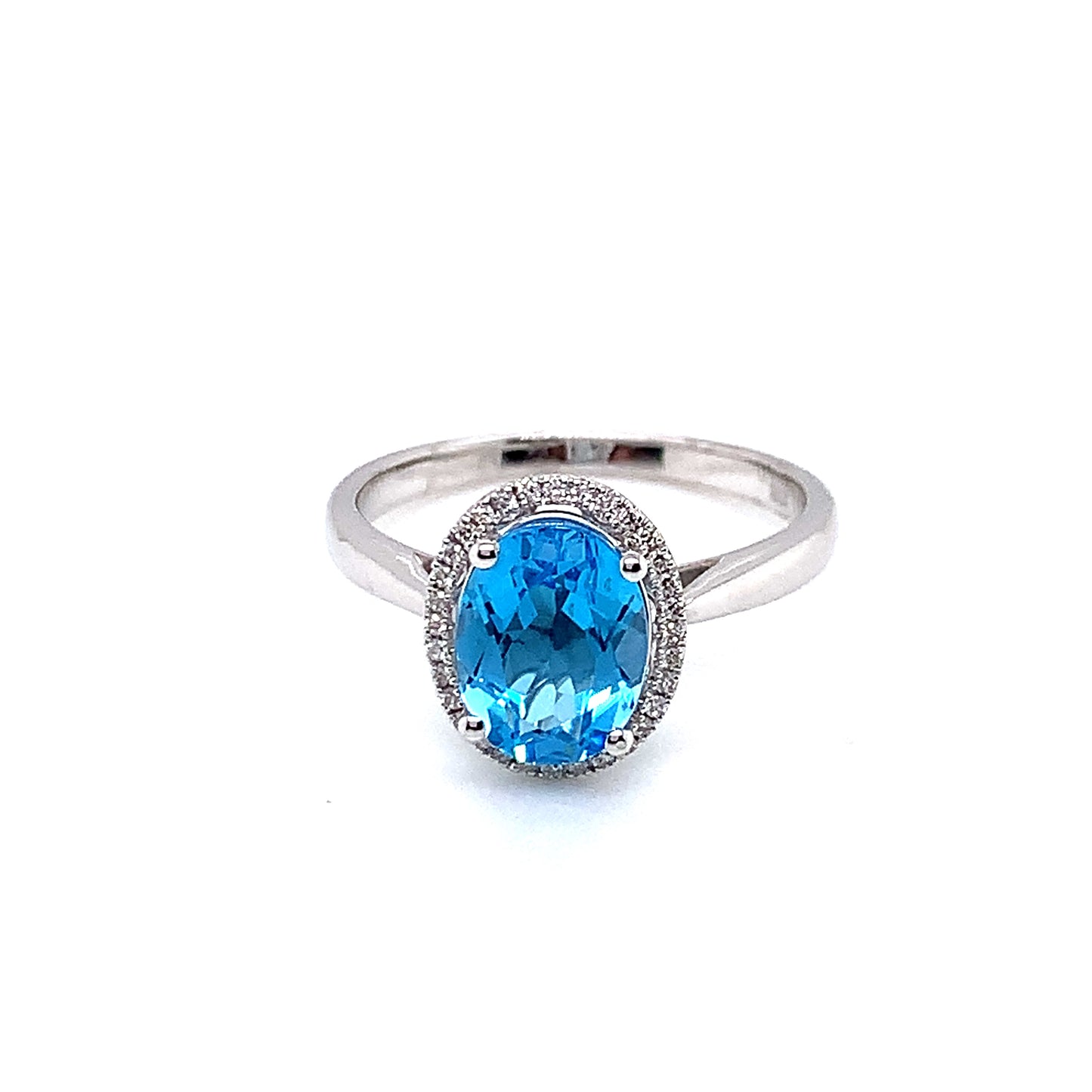 9ct White Gold Blue Topaz Oval Halo Diamond Ring