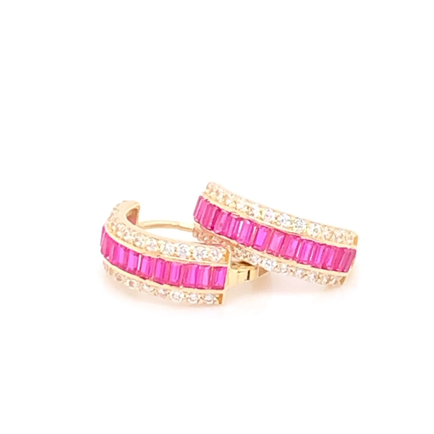 9ct Gold Ruby & CZ 14mm Hoop Huggie Earrings